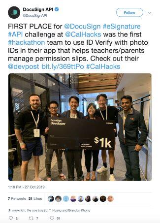 Featured tweet: First place for use of the DocuSign eSignature API
