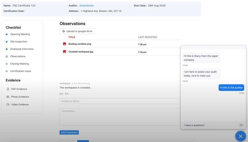 Team Greenblocks: Best Virtual Audit App, UI showing chat