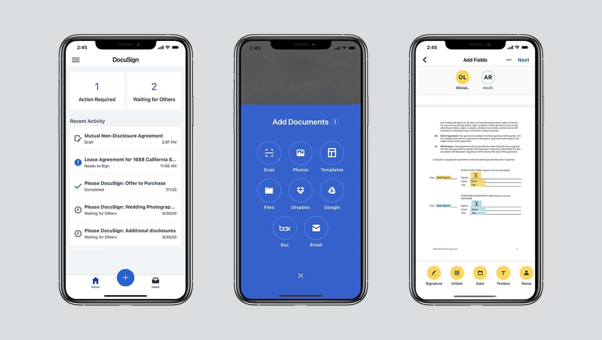 Three mobile screens showing DocuSign eSignature functionality, including the status of documents out for signature, document upload options and a document being signed