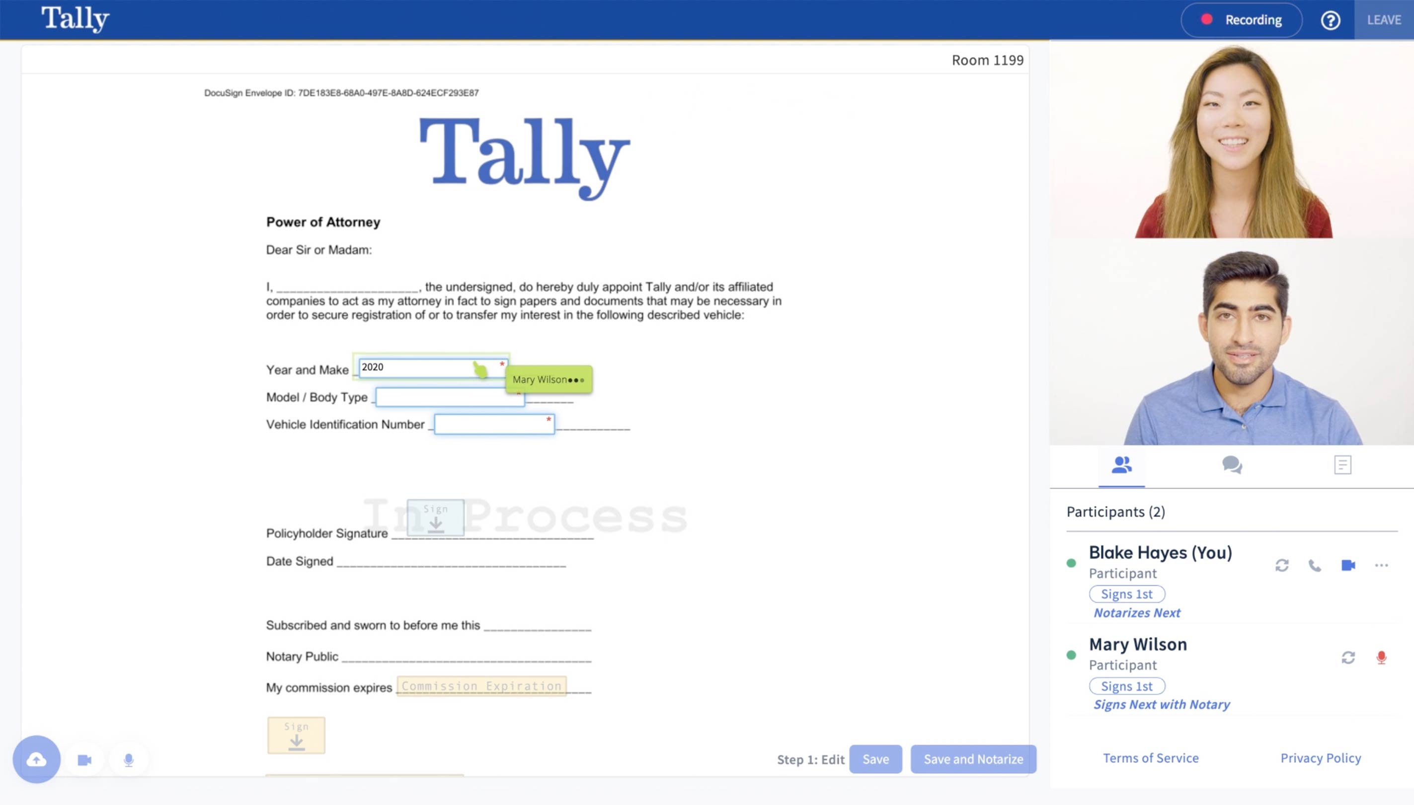 Image of a document being electronically notarized using remote online notarization with DocuSign Notary.