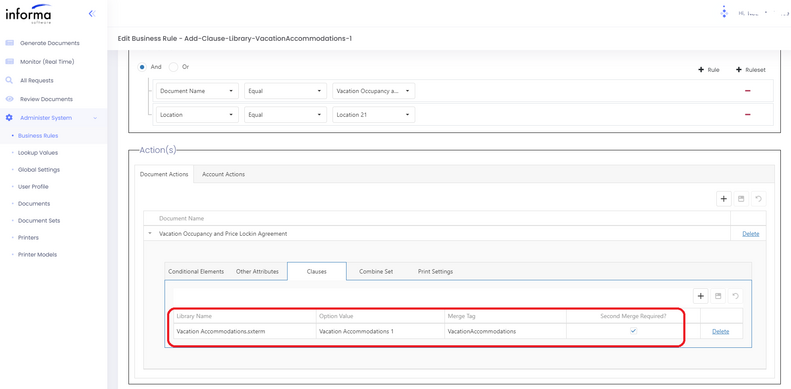 Informa business rules engine, showing clauses to be managed