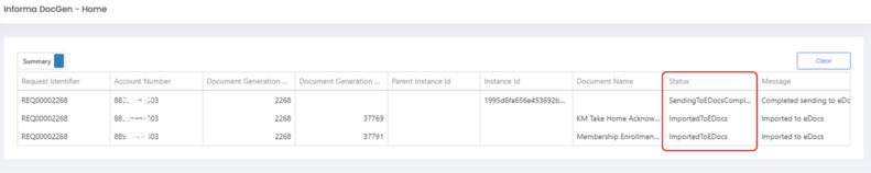  Informa document generation status, showing which documents were sent to eDocs for eSignatures