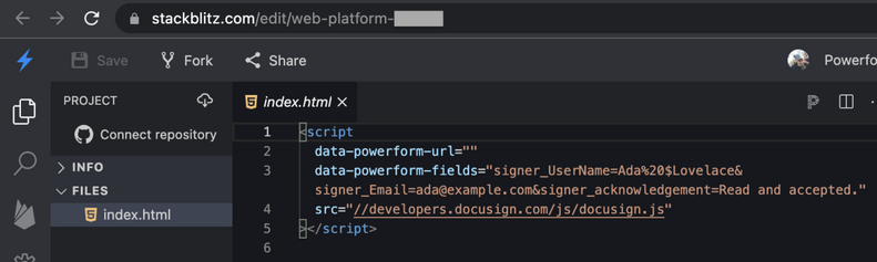 The PowerForm DocuSign.js code on StackBlitz