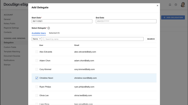 Delegated signing in DocuSign eSignature