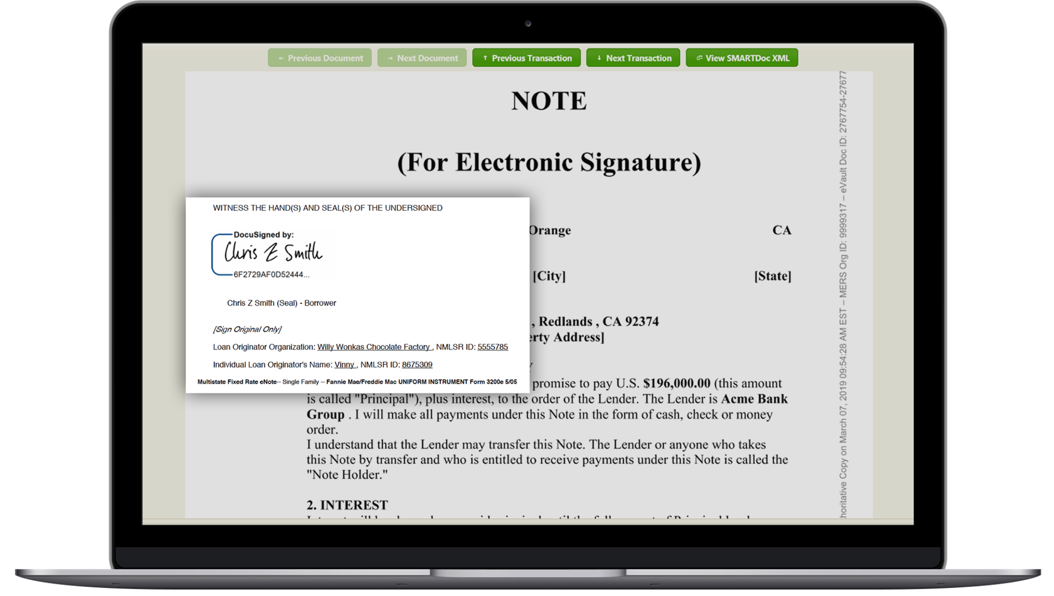 A screenshot showing a promissory note in the eNote interface.