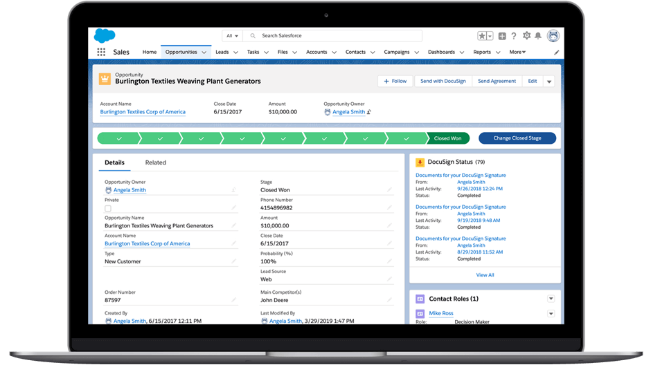  A laptop showing the DocuSign eSignature for Salesforce.