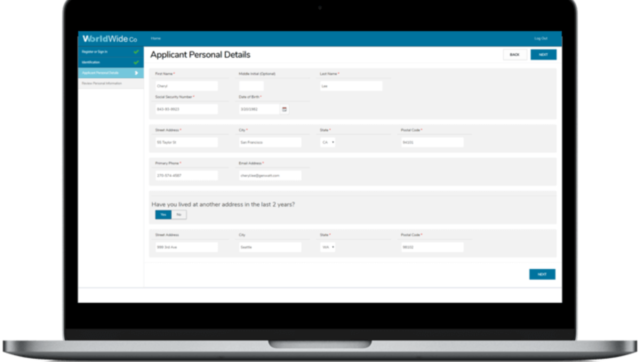 A laptop screen shoting "Applicant Personal Details" with filled in values for personal information, like Addresses, Name and Date of Birth.