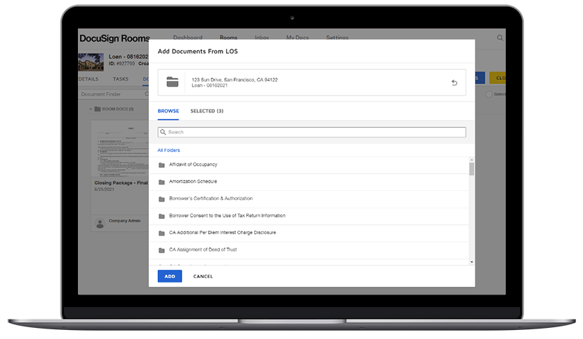 DocuSign Rooms for Mortgage screenshot showing how to add documents.