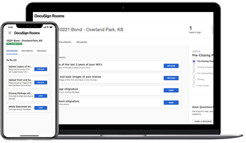 DocuSign Rooms for Mortgage screenshot showing available documents.