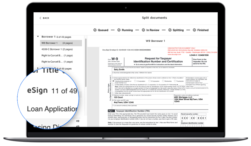 DocuSign Rooms for Mortgage screenshot showing a split screen document view.